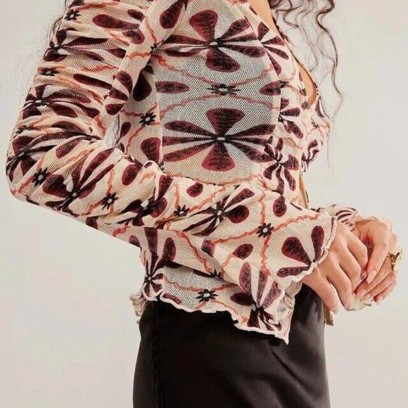 Free People Through The Meadow Blouse Top Ruched Floral Printed Cotton L 271469 - Picture 3 of 9